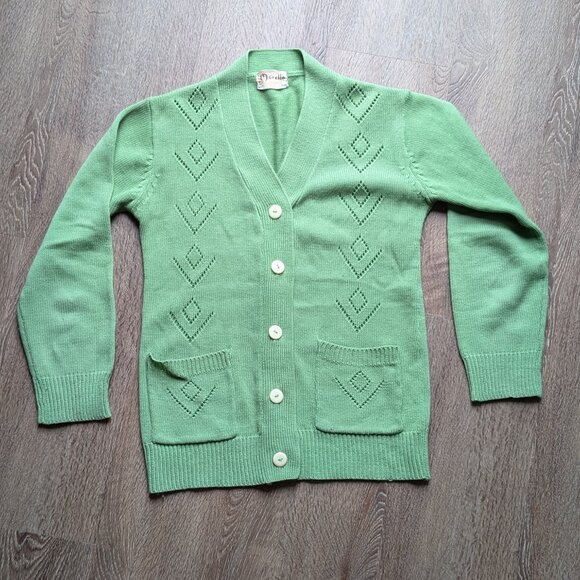 Vintage 1950s/1960s V-Neck Cardigan with Lace Knit Inlay Size Small - Picture 1 of 6